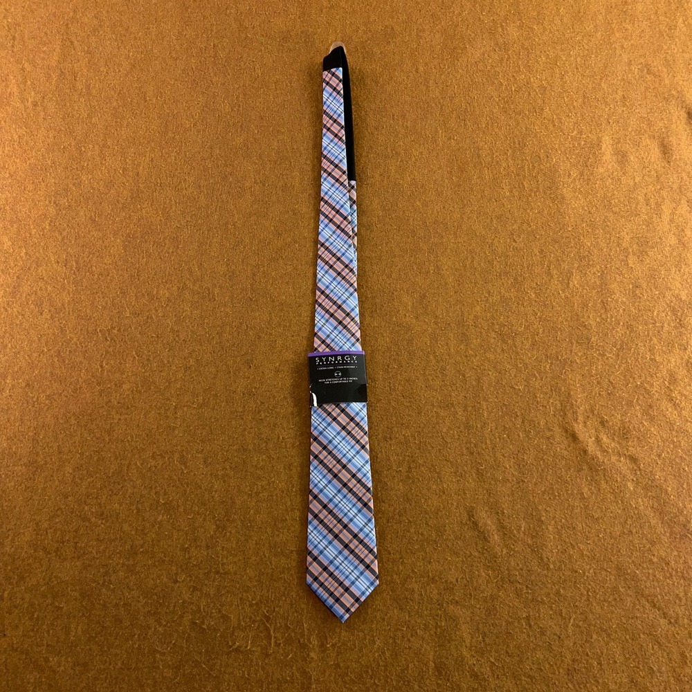 SYNRGY Mens Extra Long Blue Orange Plaid Performance Stain Resistant Necktie NWT
